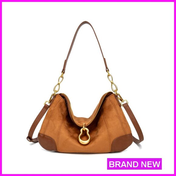 Handbags - Small PU Leather Hobo Shoulder Bag with Gold Hardware and Zipper Pocket